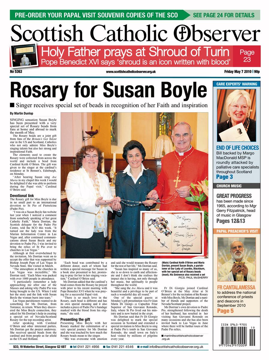 Front Page of The Scottish Catholic Observer with the story